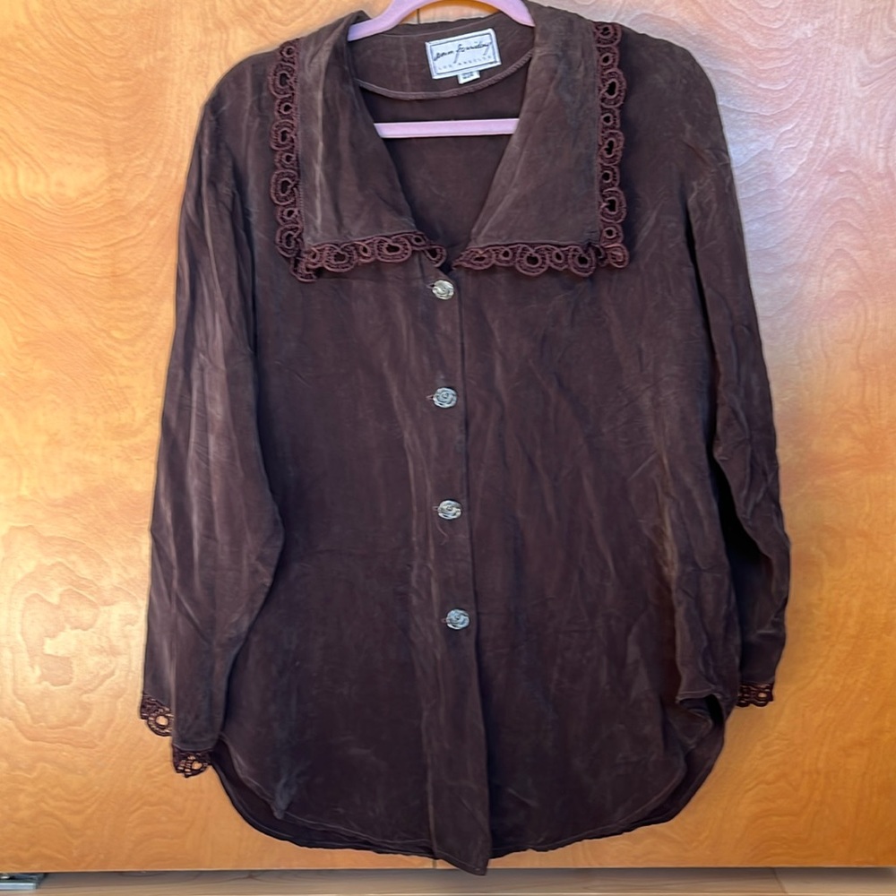 Ann Ferriday VTG Brown Button Down Blouse Top w/ Lace Collar & Cuffs O/S Soft